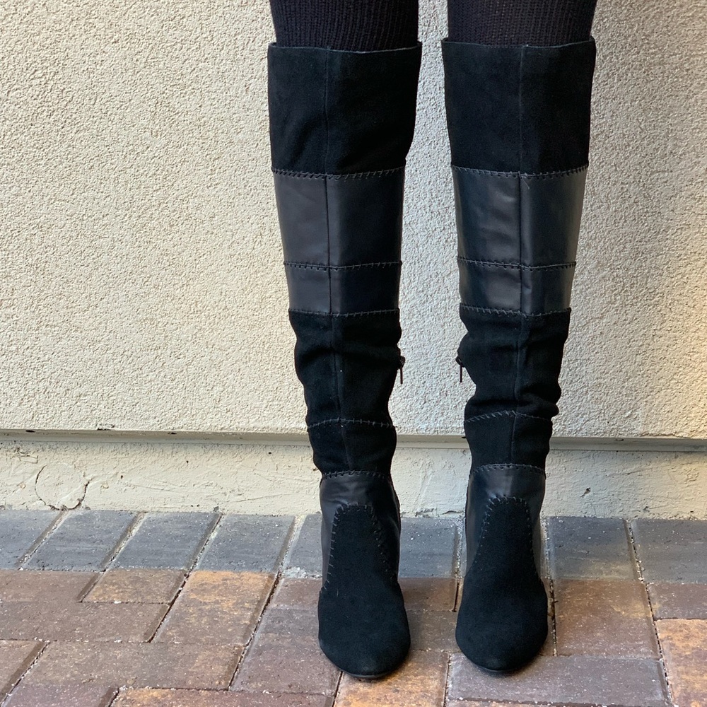 Quilt Patchwork Over The Knee Block Heel Boots - Picture 4 of 8